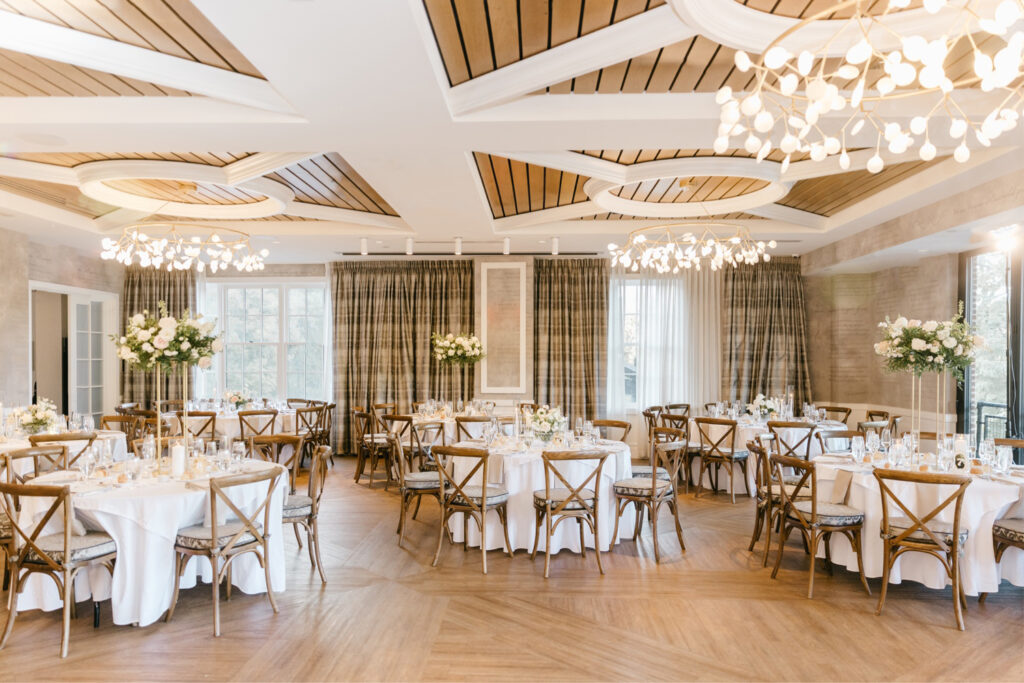 neutral wedding reception details at River House at Odette's