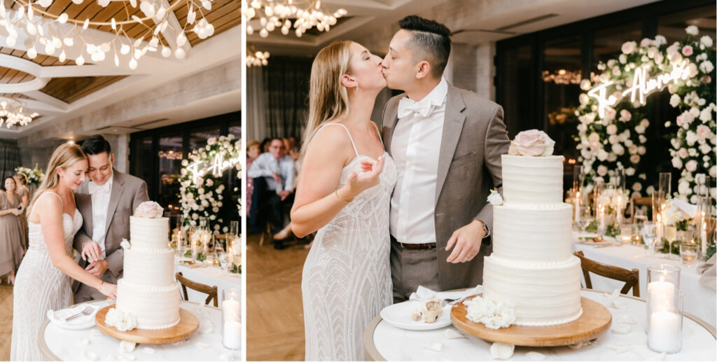 New Hope wedding couple cutting their three tier wedding cake