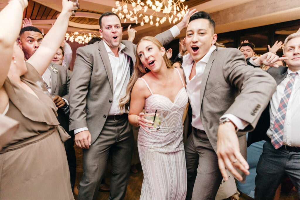 bride & groom having fun at their New Hope wedding reception