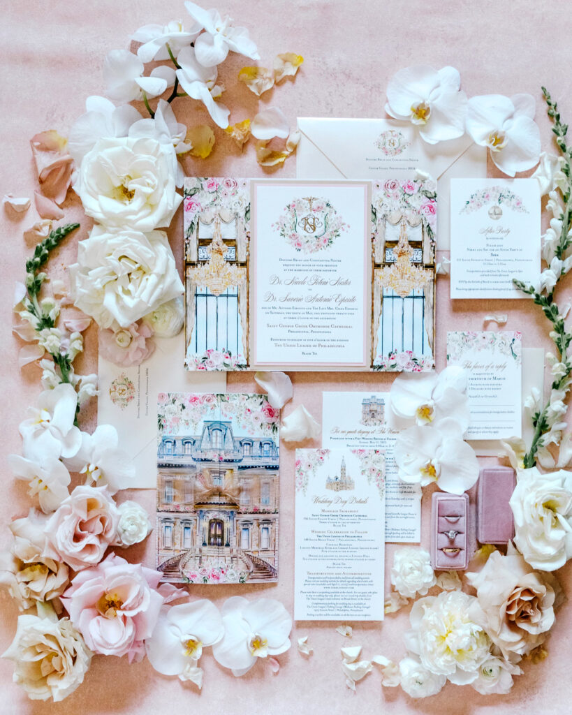 stunning fairytale pink wedding invitational suite by Emily Wren Photography
