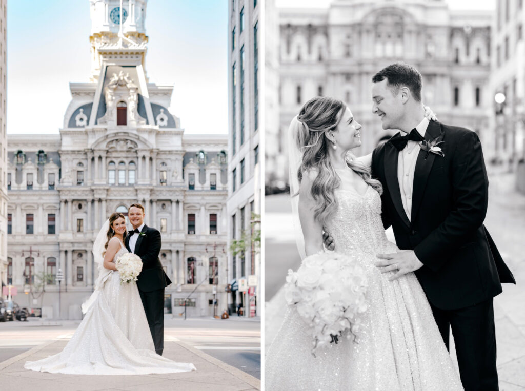 portrait of Philadelphia bride & groom in front of City Hall on Broad Street by Emily Wren Photography