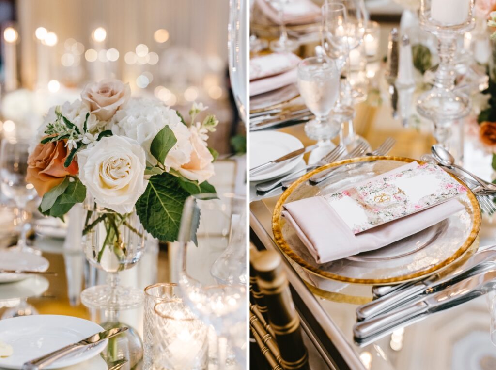 pink and gold wedding reception table decor at luxurious Philadelphia wedding