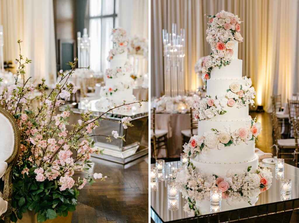 8 tier extravagant wedding cake decorated with white & pink florals by Emily Wren Photography