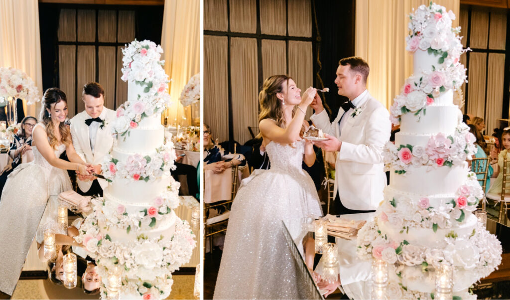 bride & groom cutting their 8 tier wedding cake