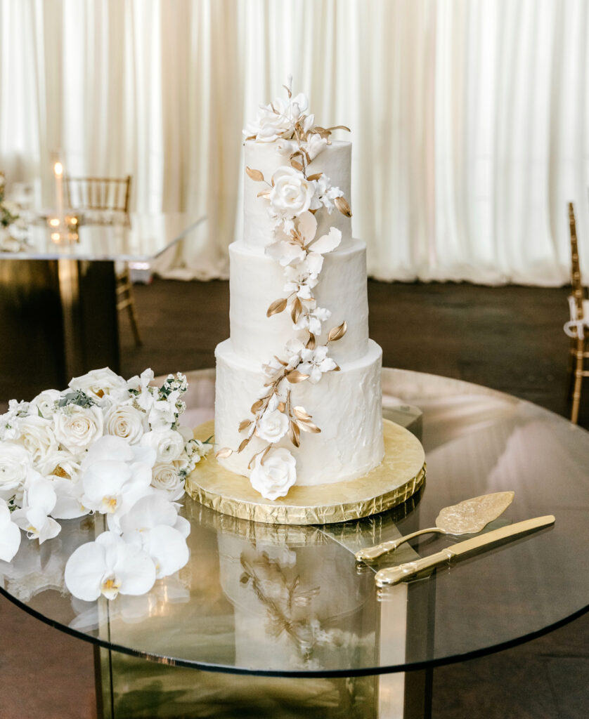 white and gold 3 tier wedding cake by Emily Wren Photography