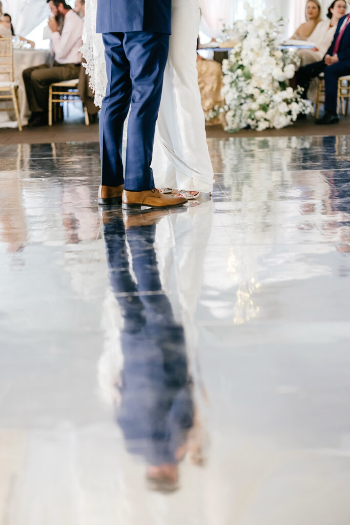 mirror dancefloor at Pennsylvania wedding reception during the first dance