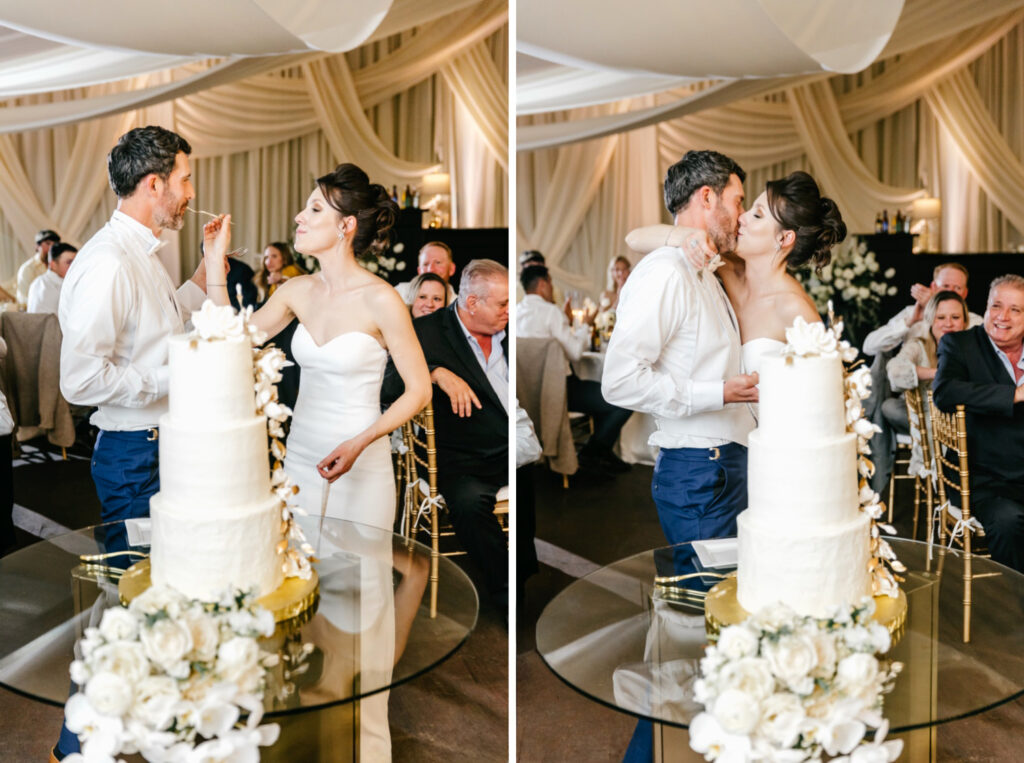 bride & groom cutting their 3 tier white & gold wedding cake