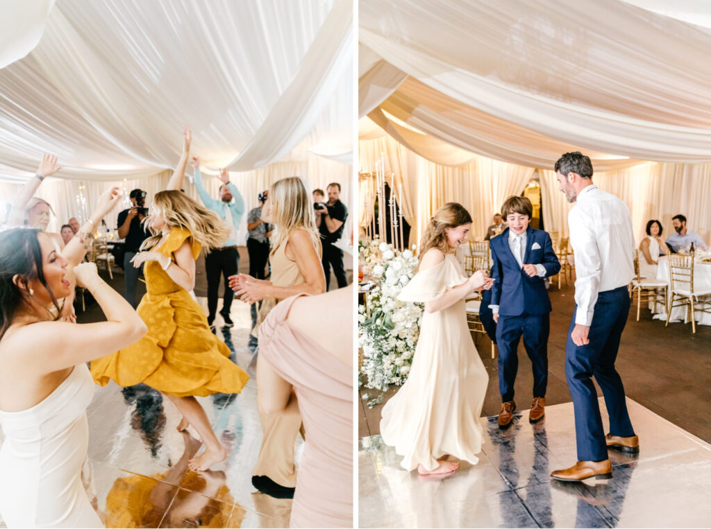 Tyler Gardens wedding guests having fun during their white tent reception by Emily Wren Photography