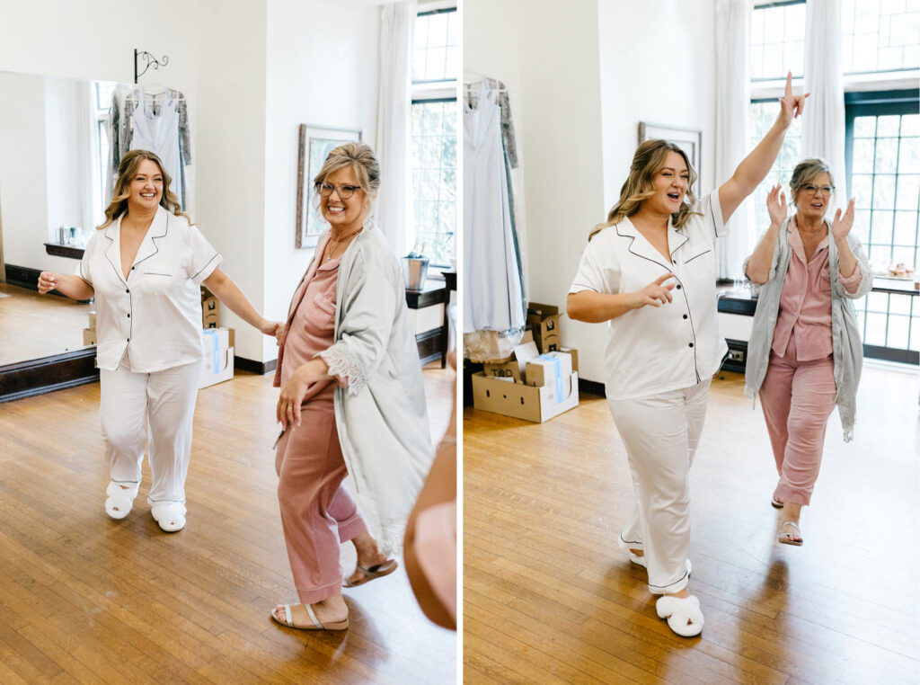 bride and her mother dancing as she gets ready for her spring wedding day by Emily Wren Photography