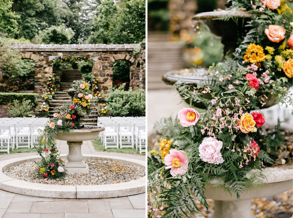 floral details on water fountain at Parque Ridley Creek by Emily Wren Photography