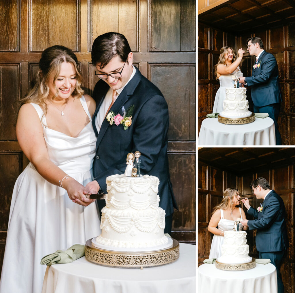 bride & groom cutting their 2 tier wedding cake by luxurious wedding photographer Emily Wren Photography