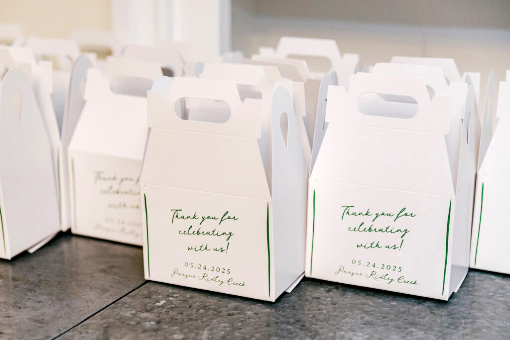 custom To-go boxes for leftovers at Pennsylvania wedding reception