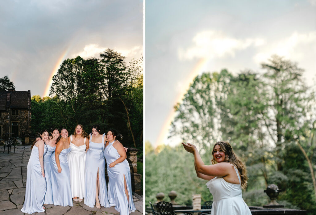 bride with her bridesmaids in front of a rainbow on Spring Philadelphia wedding day by Emily Wren Photography