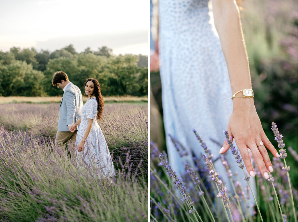 Cinematic engagement photoshoot at a lavender field in Chester County, Pennsylvania