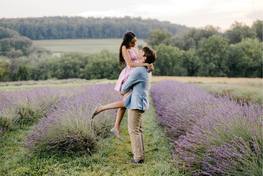 dreamy sunset engagement photoshoot in Warwick Farm's Lavender Field
