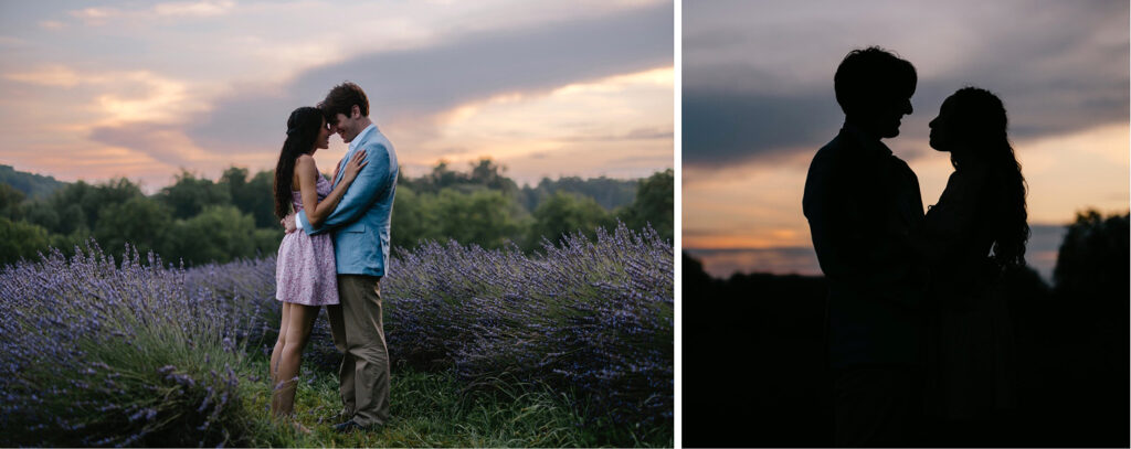 sunset engagement photos in a lavender field by Pennsylvania photographer Emily Wren Photography
