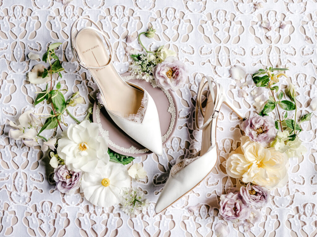 Black Suede Studio bridal heels by Emily Wren Photography