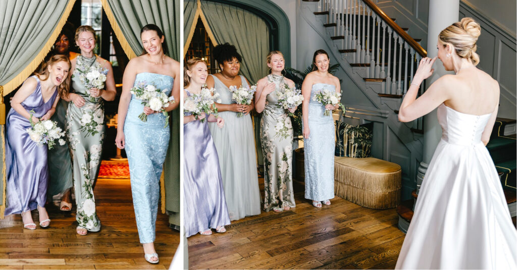 bride's first look with her bridesmaids in the Vanderbilt