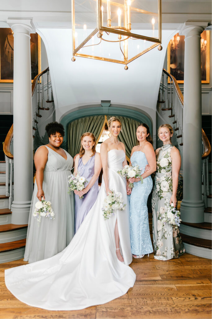 Rhode Island bride with her bridesmaids in summer bridesmaid dresses