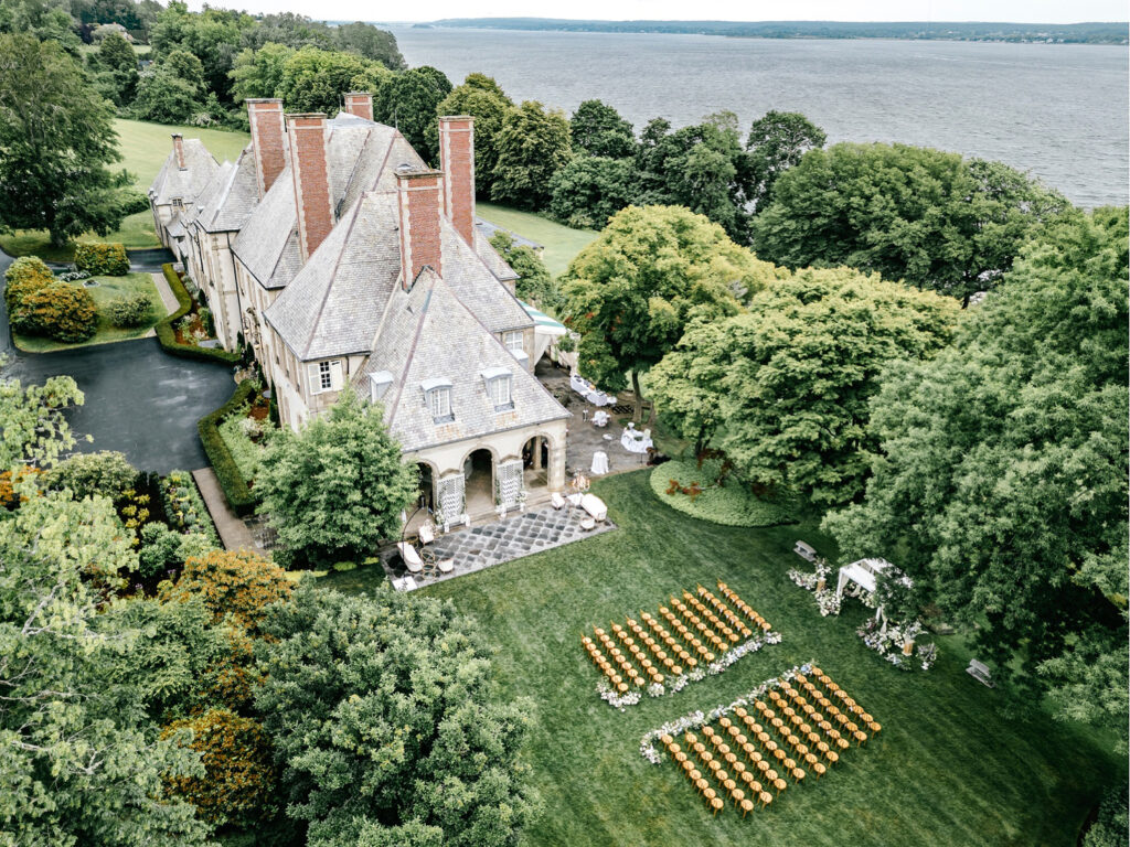 Glen Manor House outdoor wedding setup drone photo by Emily Wren Photography