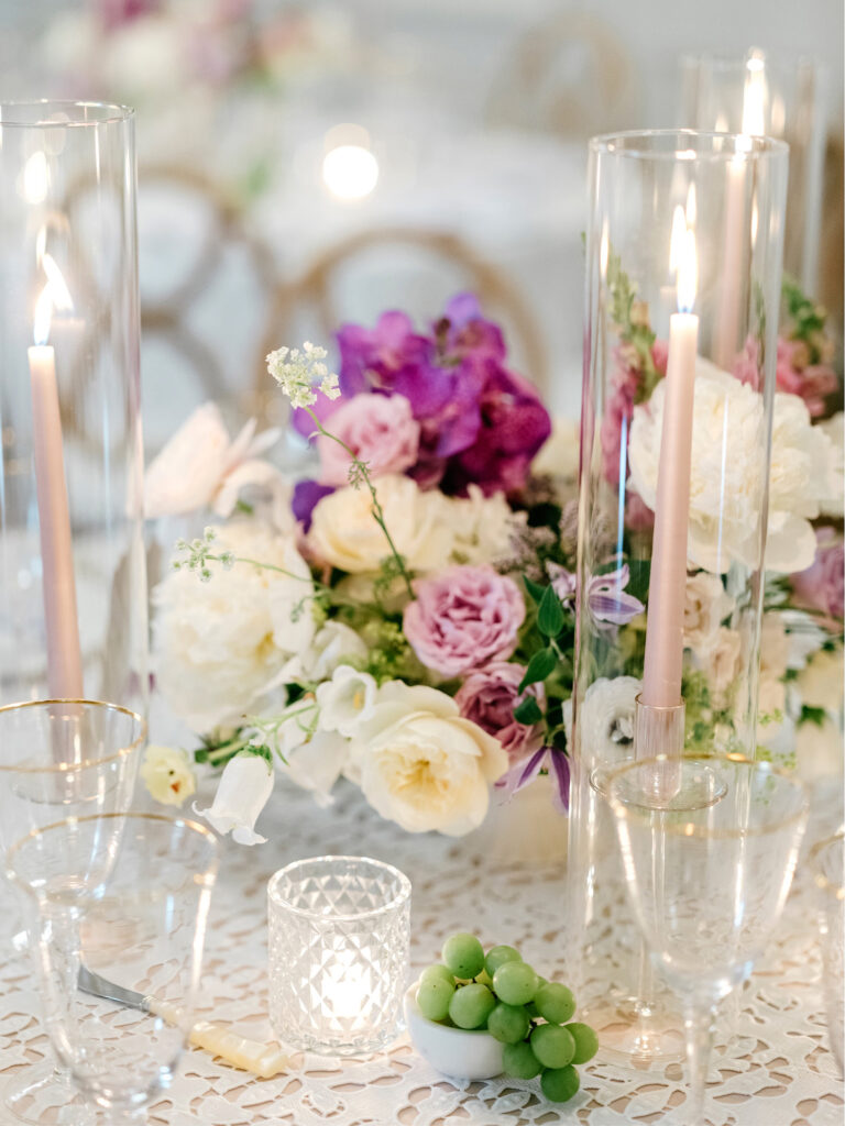 pink, white, and purple floral decor at Rhode Island wedding reception