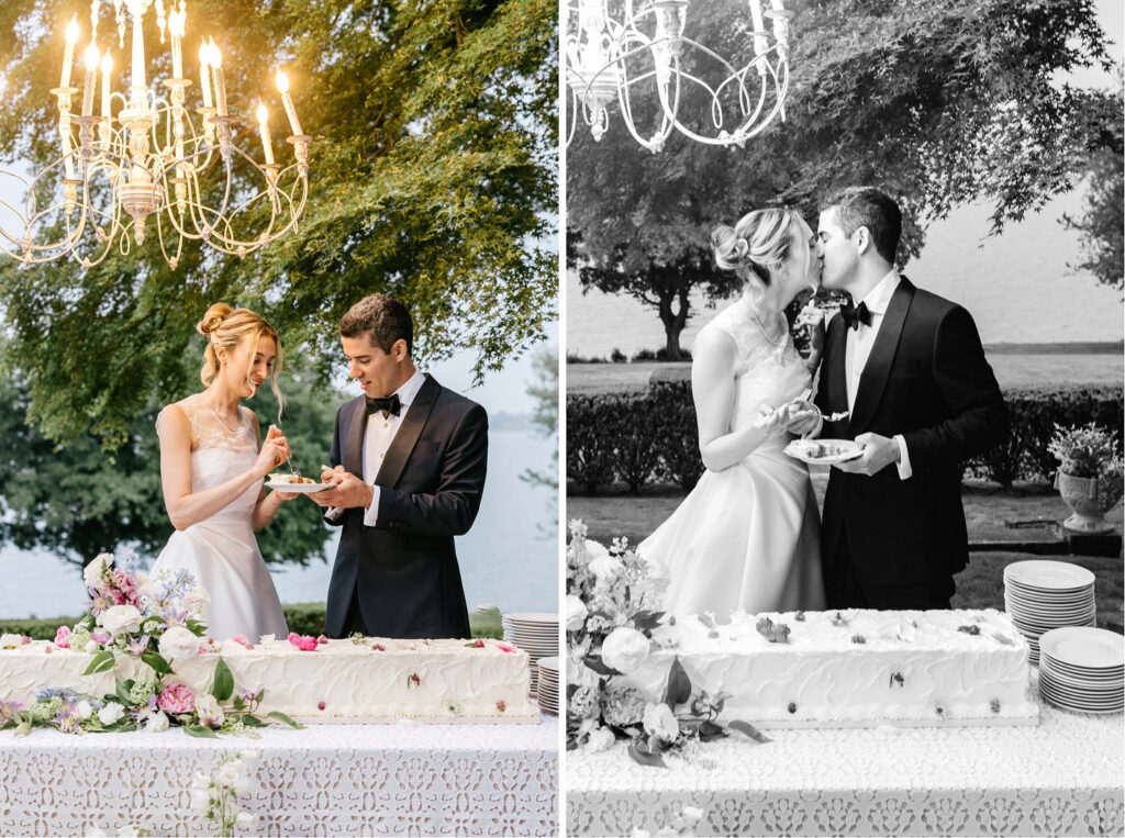 bride & groom cutting their wedding cake by the river in Newport, Rhode Island by Emily Wren Photography