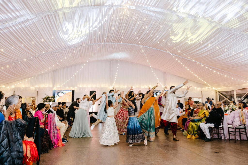wedding party dancing during Sangeet ceremony at Bartram's Gardens