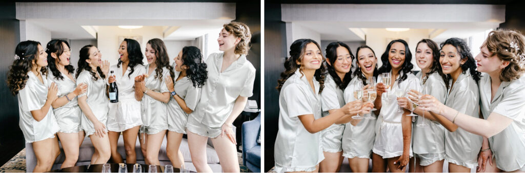 Philadelphia bride popping champagne with her bridesmaids at the Loews hotel by Emily Wren Photography