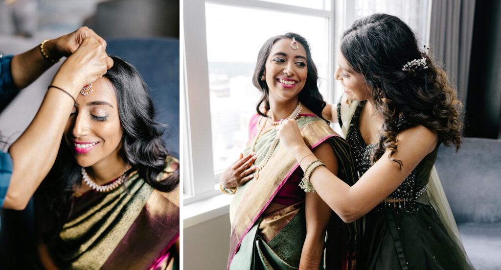 Philadelphia bride getting dressed for her multicultural wedding at the Loews Hotel