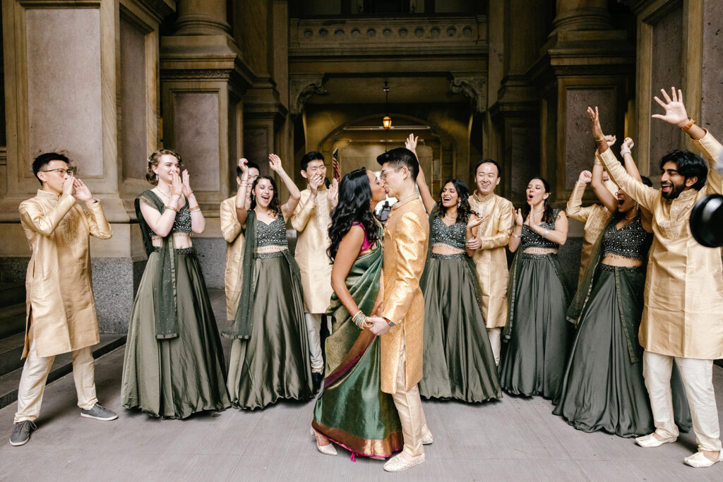 full multicultural wedding party at Philadelphia's City Hall