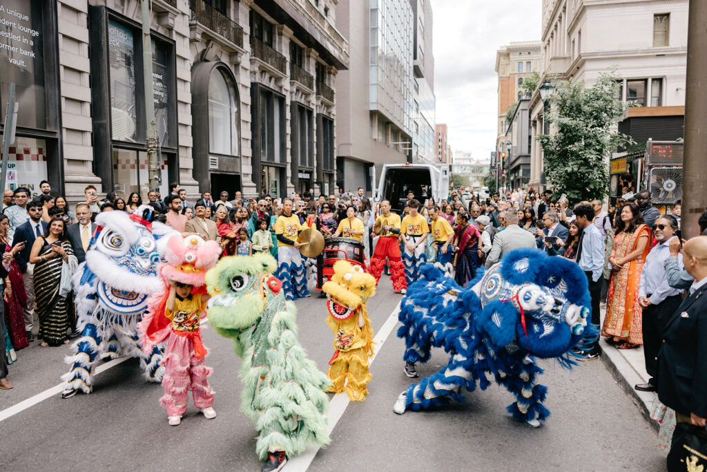 Chinese dragons performing for a multicultural wedding event in Philadelphia