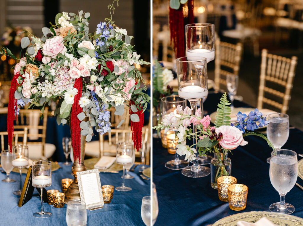 pink, blue, white, and red wedding reception table decorations at Loews Philadelphia Hotel
