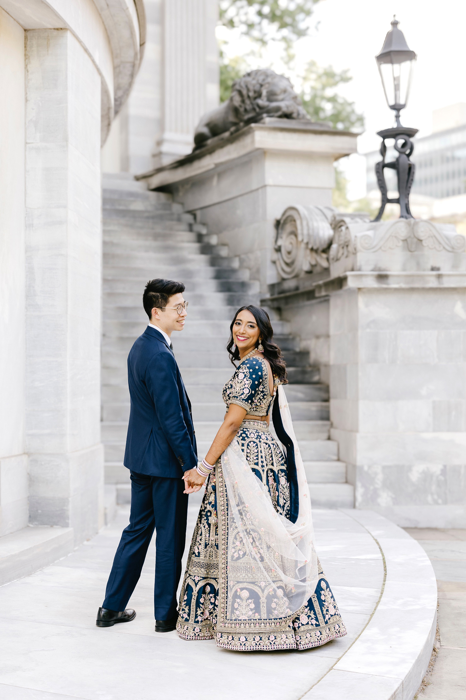 portrait of bride & groom at Merchant's Exchange in Old City Philadelphia