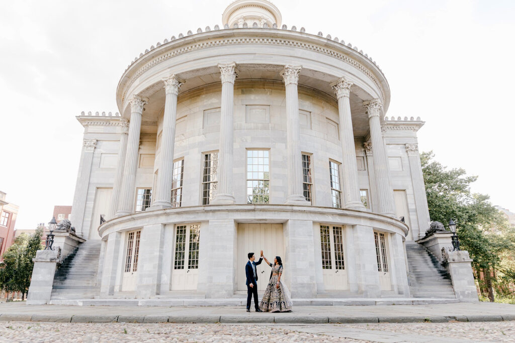 Merchant's Exchange portrait session of multicultural bride & groom