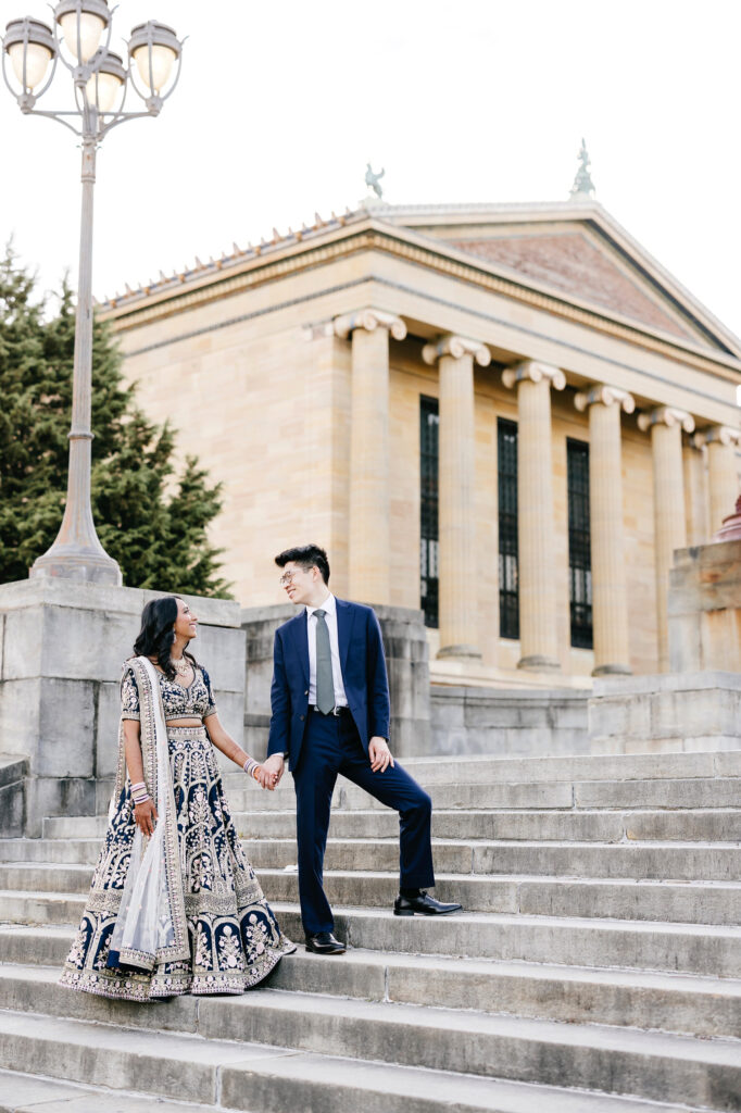bride & groom portrait at the Philly art museum for spring wedding day