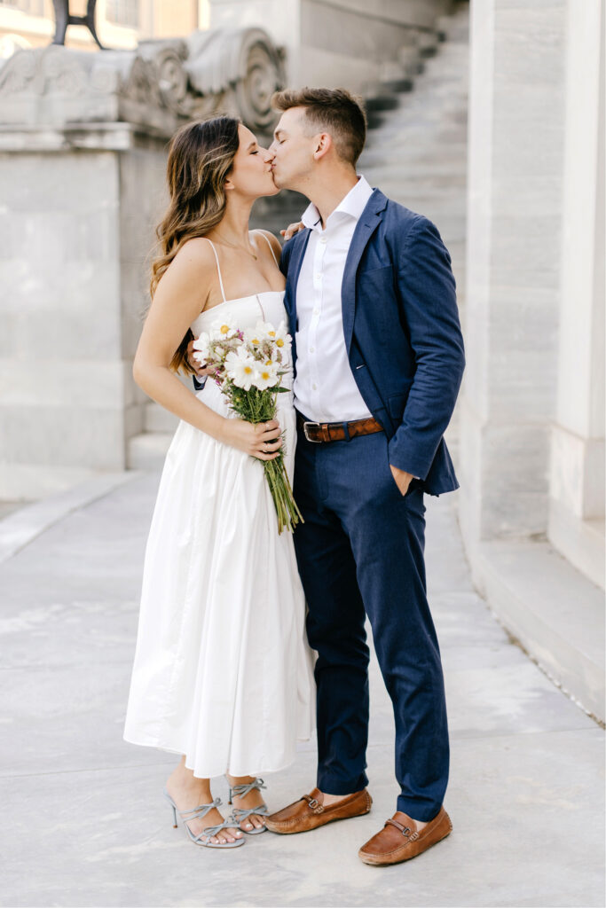 summer engagement photos at Merchant's Exchange in Old City Philadelphia