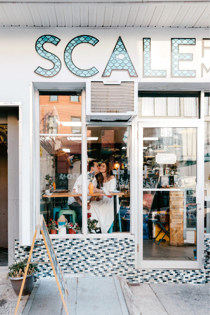 engagement photos at couple's favorite restaurant in New Jersey