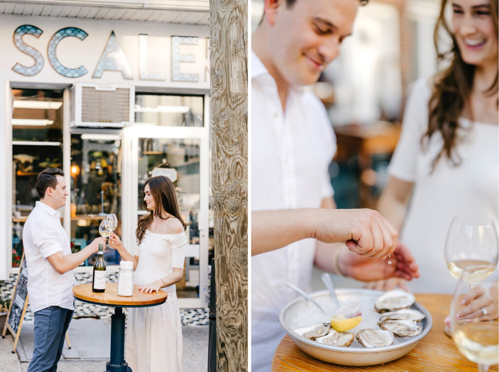 engaged couple eating oysters at Scale in Hoboken, New Jersey