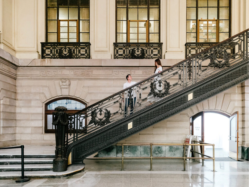 cinematic engagement photos in Hoboken Terminal by Emily Wren Photography