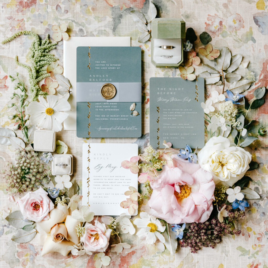 blue white and gold wedding invitational suite by Emily Wren Photography