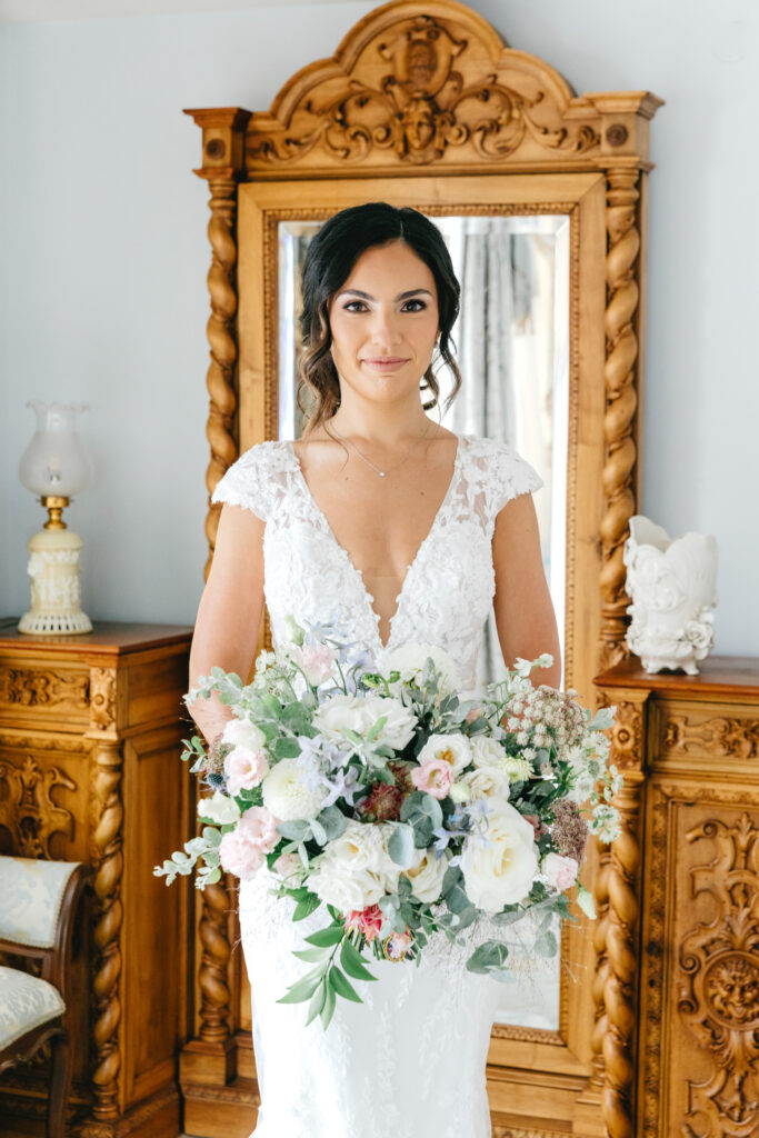 getting ready portrait of Philadelphia summer bride