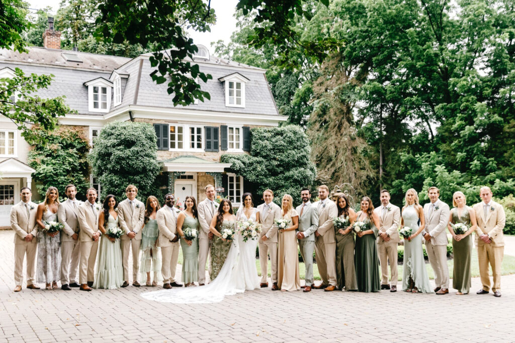 full wedding party portrait at the Inn at Barley Sheaf on summer wedding day in Pennsylvania