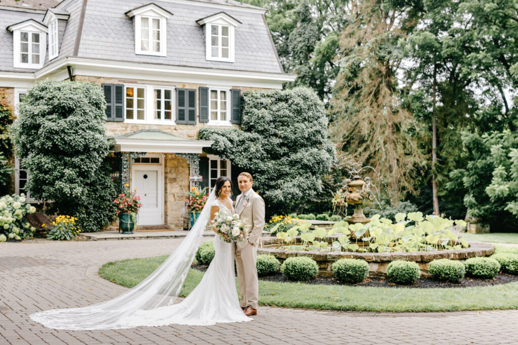 wedding portrait of bride and groom on their summer wedding day in Pennsylvania at the Inn at Barley Sheaf