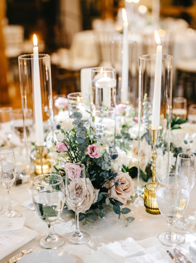 pink and white wedding reception floral table decor