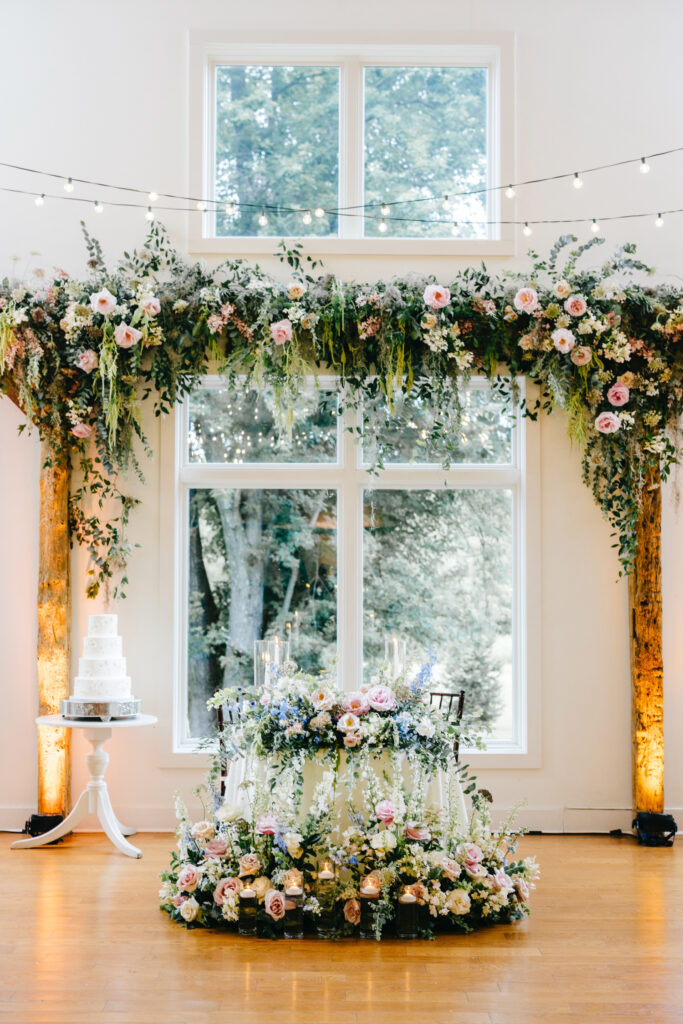 garden-inspired sweetheart table at wedding reception at the Inn at Barley Sheaf