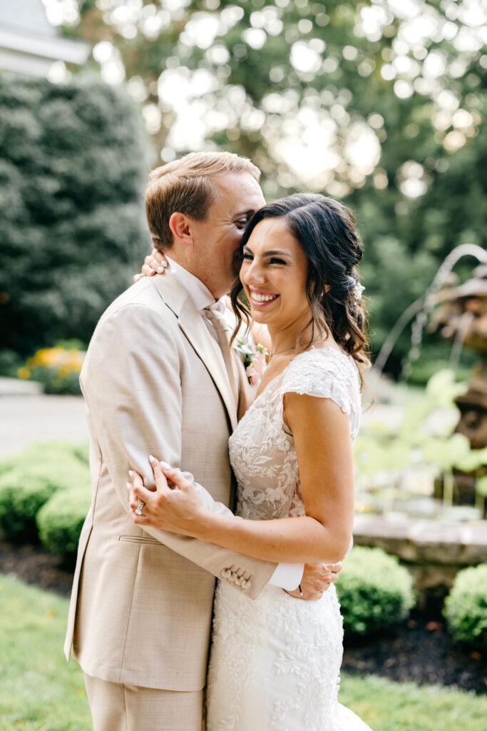 bride & groom portraits in the gardens of the Inn at Barley Sheaf in Pennsylvania