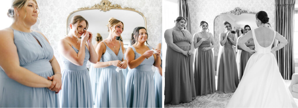 bride's first look with her bridesmaids in light blue bridesmaid dresses on Spring wedding day