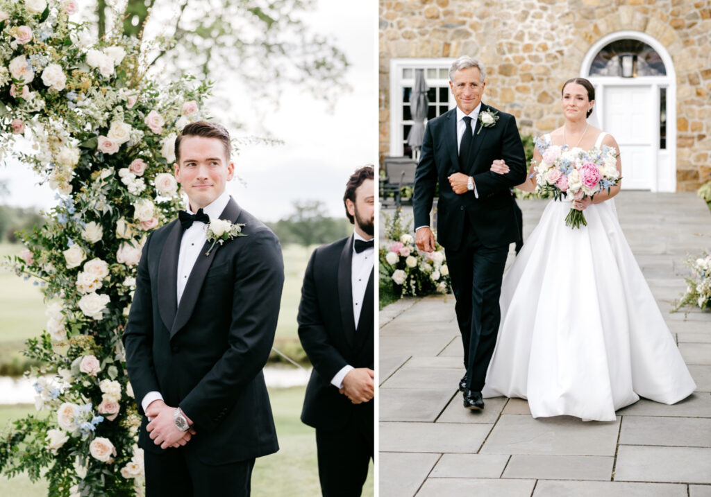 emotional bride walking down the aisle at her outdoor spring wedding ceremony at Fiddler's Elbow in New Jersey