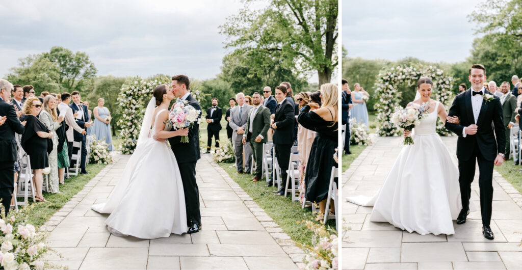bride and groom exiting their Fiddler's Elbow outdoor spring wedding ceremony