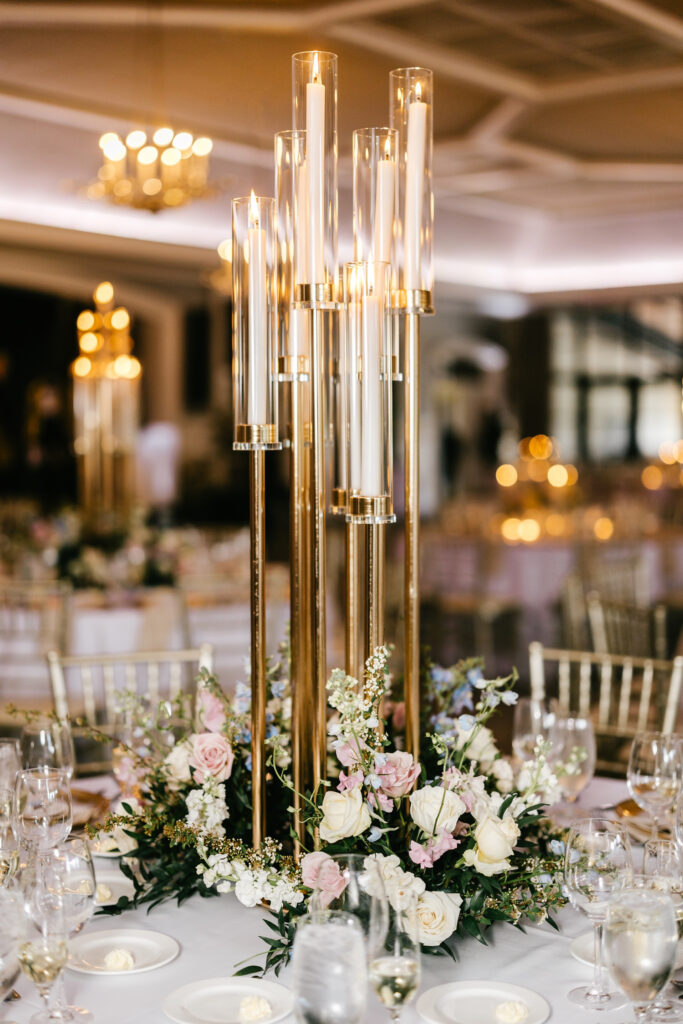 white pink and gold wedding reception decor at Fiddler's Elbow